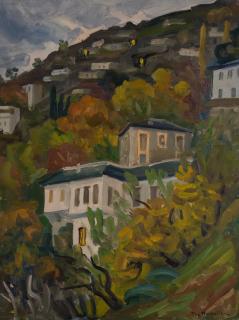 Makrinitsa, View Entering the Village — Oil painting, Canvas, 46.00×61.00cm — Theodoros Markellos